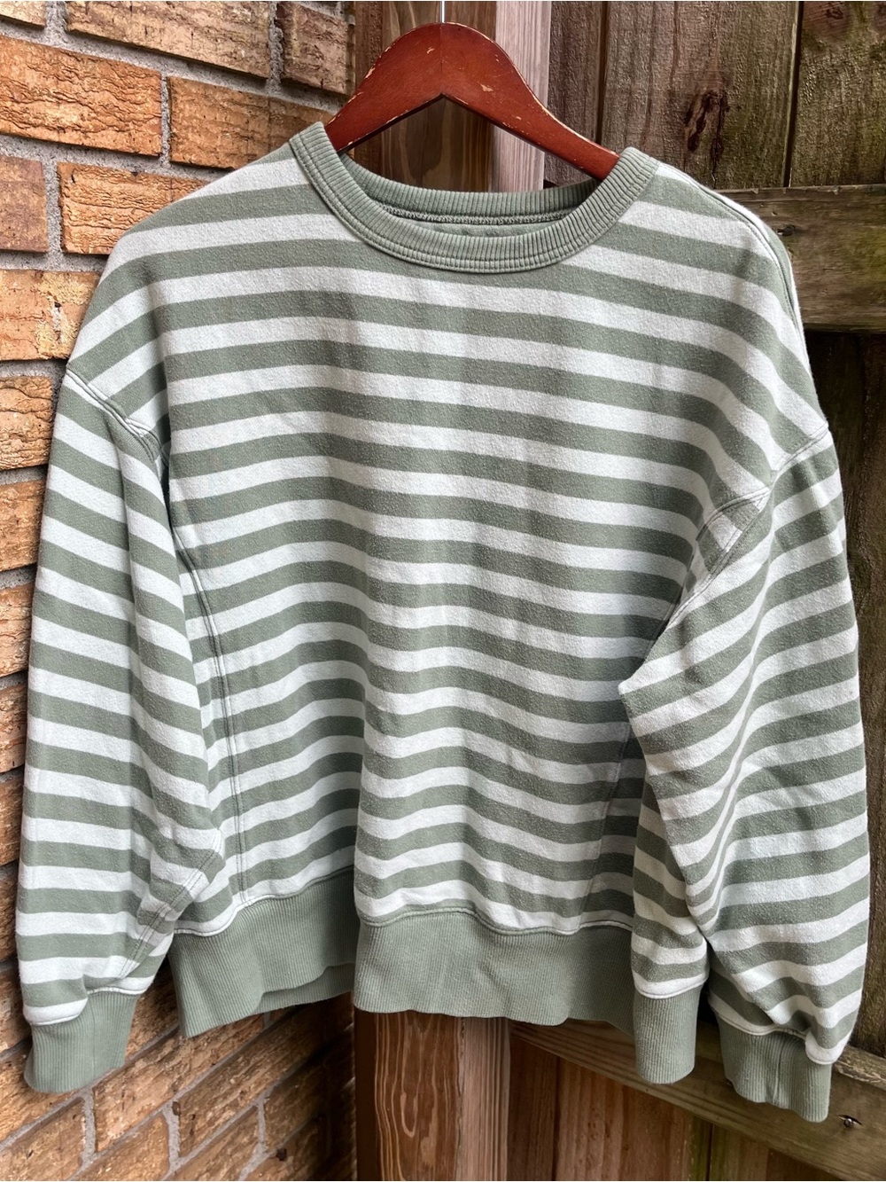 Aerie Oversized Sage Green Striped Crewneck Sweatshirt